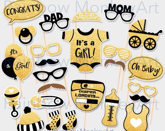 Black Gold Baby Shower Photo Booth Props - It's a Girl PhotoBooth Props - Printable Birthday Photobooth Props - Printable Black Gold Props