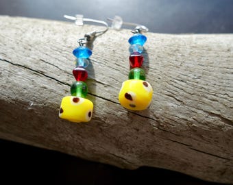 Glass Lampwork Bead Earrings | Blue Yellow Green and Red Dangle with Accents
