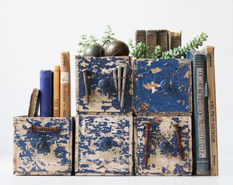 Vintage Hardware Drawers, Old Blue Wooden Drawers, Set of 5