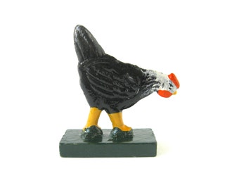 VINTAGE WOODEN HEN - Old German children's toy wooden miniature / child's nursery room decoration / Black and white hen figure