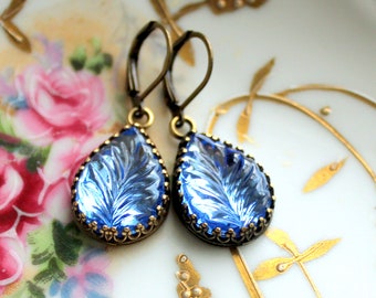 Beautiful Blue Glass Leaf Earrings - Pretty Vintage Molded Denim Blue Glass Leaves