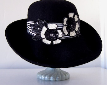 Women's Black Wool Hat , Wide Brim Black Hat , Black and White Hat, Black Hat Society.