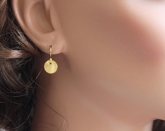 Gold Dot Earrings - Simple Earrings - Brushed Gold Drop Earrings - Dainty Disc Earrings - Everyday Earrings - Brushed Discs - Disc Earrings