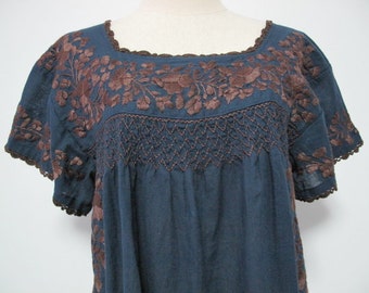 Mexican Embroidered Blouse Cotton Short Sleeve In BLue, Boho Blouse