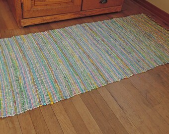 Hand Woven Rag Rug Scrappy Pastel Cotton 26" x 62"