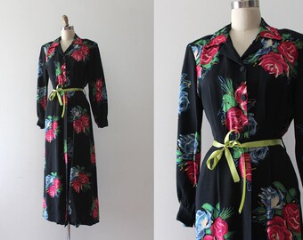 vintage 1940s dress // 40s blue floral rayon maxi dress