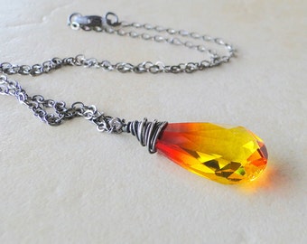 Fire Opal Swarovski Crystal Briolette, Wire Wrapped Necklace, On A Sterling Silver Chain (427)