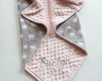 Personalized Minky Baby Blanket or Lovey - Premier Dandelion Cuddle Silver/Snow - Baby Girl - Custom Made - Double Minky- gray and pink