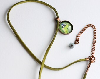 Tiny Blue Tit Pendant, Spring Necklace, Bird Necklet, Faux Suede Necklace, Blue Tit Gift, Green Cord Necklace, Amanda Drage Art