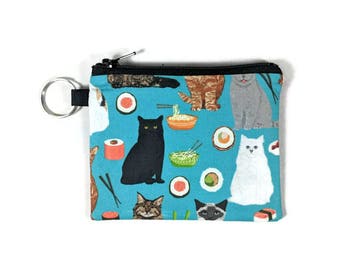 Cats and Sushi Coin Purse, Mini Zipper Pouch, Coin Pouch, Earbud Holder, change Purse, bridesmaid gift, coin pouch keychain