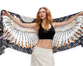 Black Silk Scarf, Owl Shawl, Wing Shawl, Women Sarong, Gift For Her, Bird Scarf, Wings Scarf Wrap, Wearable Art, Owl Shawl Wrap