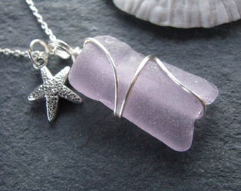 Sea Glass Jewelry Purple Sea Glass Pendant Soft Lilac Beach Glass Necklace with starfish charm