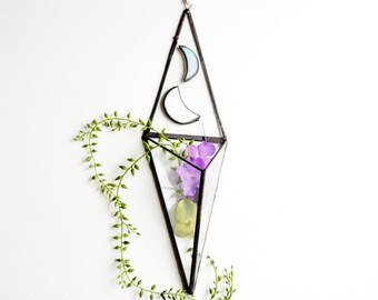 Wall Art Prism, Hanging planter, Wall Decor, Vertical Garden, Two Moons, Glass Geometric Plant Holder, Glass Terrarium