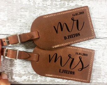 Pair of Personalised Leather Luggage Tags - Engraved Mr & Mrs Holiday Tag - Genuine UK Leather Grey, Nude, Gold - Wedding Gift - L1298 Pair