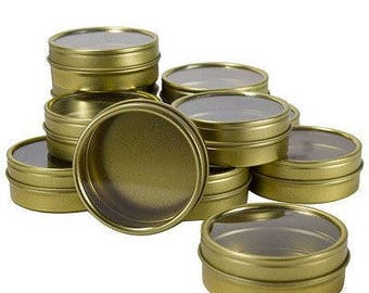Gold Metal Steel Tin Flat Containers with Tight Sealed Clear Lids - 2 oz (12 pack ) ***FREE SHIPPING***
