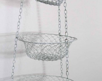 Vintage White Wire Mesh Hanging Basket, 3 Tier Farmhouse 1950s
