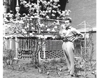 Vintage Photo "Preston Admires His Garden" Nerdy Man Sniffs Flowering Tree Daffodils Found Vernacular Photo
