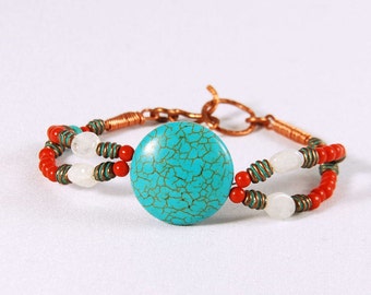 Turquoise stones bracelet, beaded, rhinestone and copper components, copper wire, steel wire
