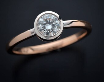 Engagement ring bezel set natural diamond two tone Pink and white or all white .40ct GIA certified diamond also done in yellow white or pink