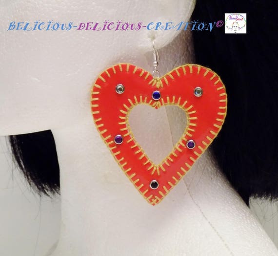 Original: Earrings! INNER HEART. Faux leather red size 8cm x 8 cm belicious delicious creation