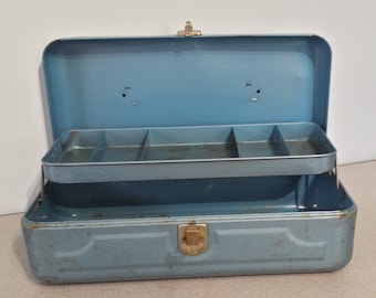 Vintage Fishing Tackle Box, Old Blue Tool Box, Rusty Metal Fishing Box, Storage Box, Industrial, Farmhouse, Cottage Chic Garden Decor