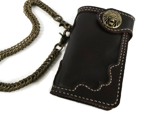 Men&#39;s leather chain wallet Skull men leather wallet bifold
