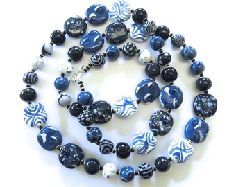 Navy Blue and White Beaded Necklace, Ceramic Jewelry, Kazuri Bead Necklace, Statement Necklace