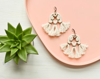 Tassel Earrings, Off White Earrings, Large Earrings, Statement Earrings, Boho Earrings, Abstract Earrings, Rope Earrings, Fringe Earrings