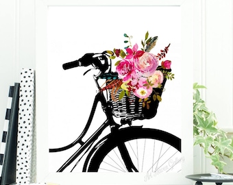 Bicycle Print, Floral Bicycle Wall Art, Scandi Print, Watercolor Floral Print, Bicycle Art Print, Bicycle Poster, Travel Wall Art, Bike Art