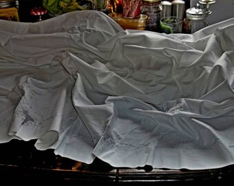 SALE Antique Pure Linen Hand Embroidered Appenzell Queen Sheet Set