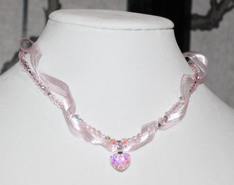 Pink Crystal Heart and Ribbon Necklace