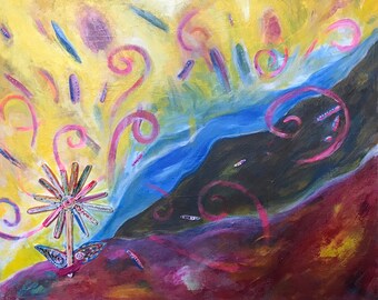 Mixed Media Collage Original Painting "Fantastic Flower" 16 x 20" www.cynthiashawcreations.com