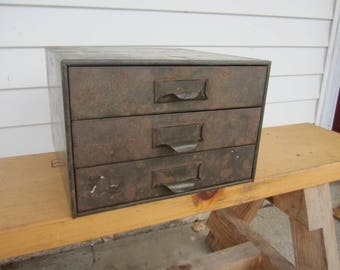 vintage industrial storage box,3 drawer metal box,art supply storage, craft supply box,small metal box with drawers,rustic metal storage box