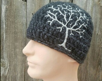 Beanie with Tree of Life, Tree Beanie, Mens Hat, Guys Hat, Tree Hat, Womens Hat, Hippie Hat, Gray Beanie, Grey, Guys Beanie, MADE TO ORDER