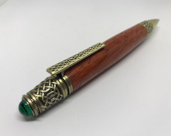 Hand-Turned Wooden (Padauk) Celtic Pen in Antique Brass