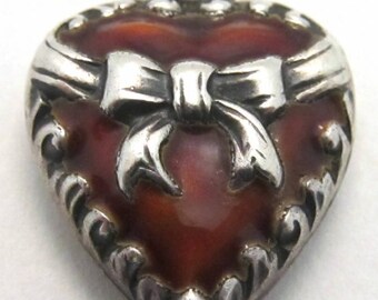 Puffy Heart Charm Sterling Silver Red Enamel Bow Vintage Pendant