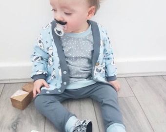 Panda 3 piece set - boys outfit - baby boy outfit - panda print - blue panda - baby cardigan - boys cardigan - organic baby clothes