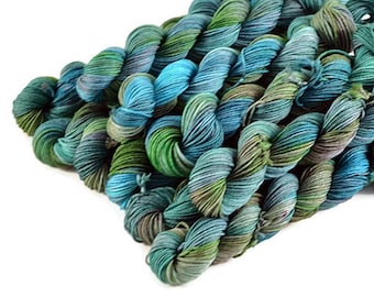 Mini Skeins, Hand Dyed Yarn, Sock Weight, Superwash Merino Wool Yarn, Knitting Yarn, Sock Yarn, Multi-colored, aqua, green - Bayou