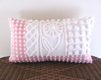 Pink pillow cover 12 X 20 MOONFLOWER white vintage chenille shabby style pink lumbar pillow cover cottage chic porch cushion cover