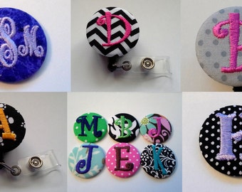 3 Monogrammed Badge Reel Slide Clip on or Swivel clip - Id Holder- Personalized