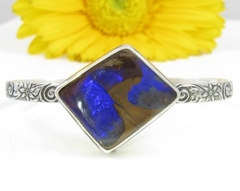 Boulder Opal Cuff Bracelet - Sterling Silver Australian Koroit Opal Cuff Bracelet - Floral Cuff Bracelet - Boholuxe Opal cuff bracelet