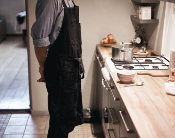 Linen kitchen apron with pockets, black linen apron