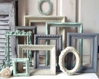Mint Green and Gray Painted Picture Frames, Made to ORDER Set of 10 Vintage Frames, Sea Glass Green, Grey and Ivory Frames, Ornate Frames