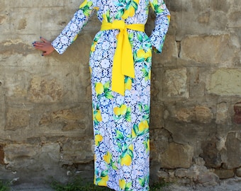 Blue dress, Yellow dress, Column dress, Maxi dress, Plus size dress, Dress with pockets, Elegant dress, Party dress, Long dress, 016.230