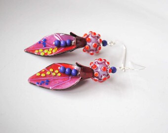 Funky Leaf Earrings, Enamel Earrings, Lampwork Earrings, Polka Dot Earrings, Colorful Earrings, Modern Chic Earrings, Boho Hippie Earrings