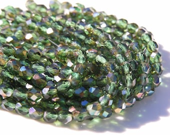 Dark Prairie Green Celsian 6mm Faceted Fire Polish Round Czech Glass Beads 25