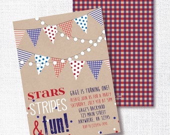 Patriotic 1st Birthday Party Invitation, Printable, Red White And Blue Invite, First, Memorial Day, Labor, 4th Of July, Stars, Stripes