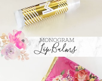 Bridesmaid Lip Balms - Monogram Lip Balm Favors - Unique Bridesmaid Gifts - Bridal Party Gift Chapsticks - Gold Monogram (EB3165) SET OF 8