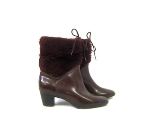 Vintage Dark Red Wine Rubber Rain Boots Faux Fur Rubber Waterproof Rainboots Furry Galoshes Retro Rubbers Women's Shoes Size 8