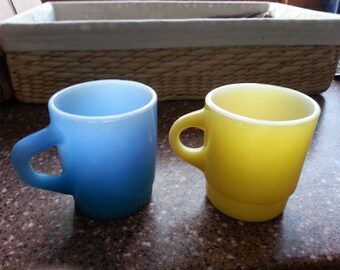 2 Anchor Hocking Fire King Coffee Cups D ring Handle Stackable collectible Vintage